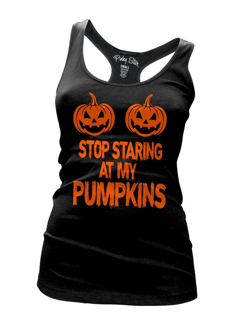 stop staring at my pumpkins halloween tank top by pinky star